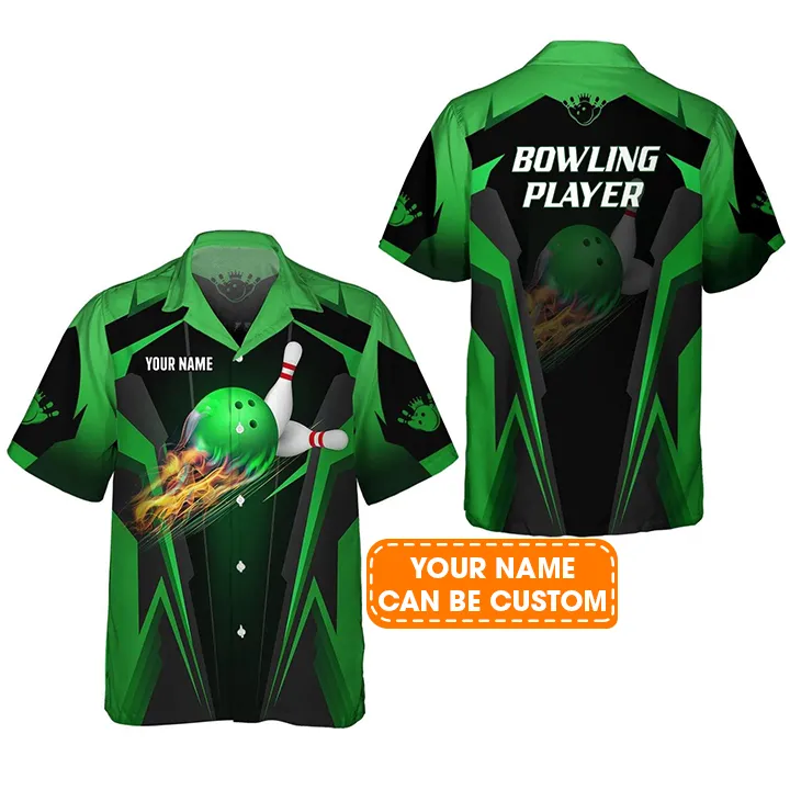 Bowling Hawaiian Shirt Custom Name - The Green Bowling Ball in Flames Breaks White Skittles Personalized Aloha Hawaiian Shirt - Gift For Friend, Family, Bowling Lovers - Image 2