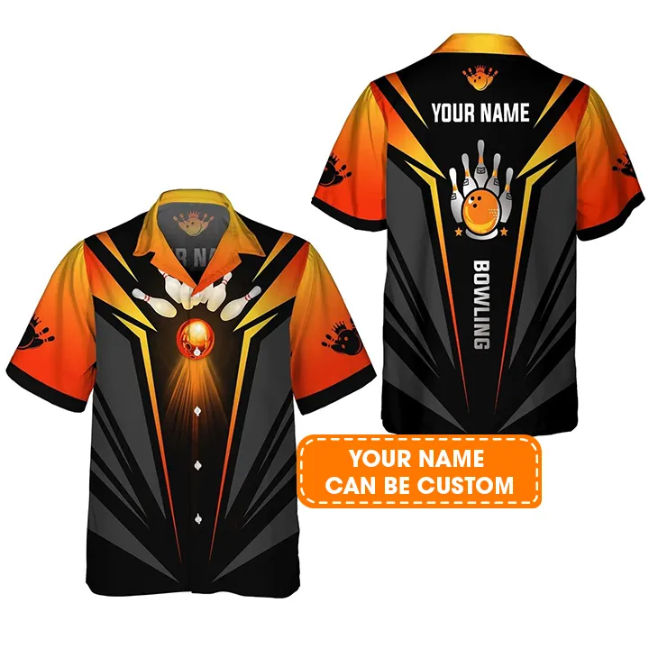 Bowling Hawaiian Shirt Custom Name - The Orange Bowling Ball in Flames Personalized Aloha Hawaiian Shirt - Gift For Friend, Family, Bowling Lovers - Image 2