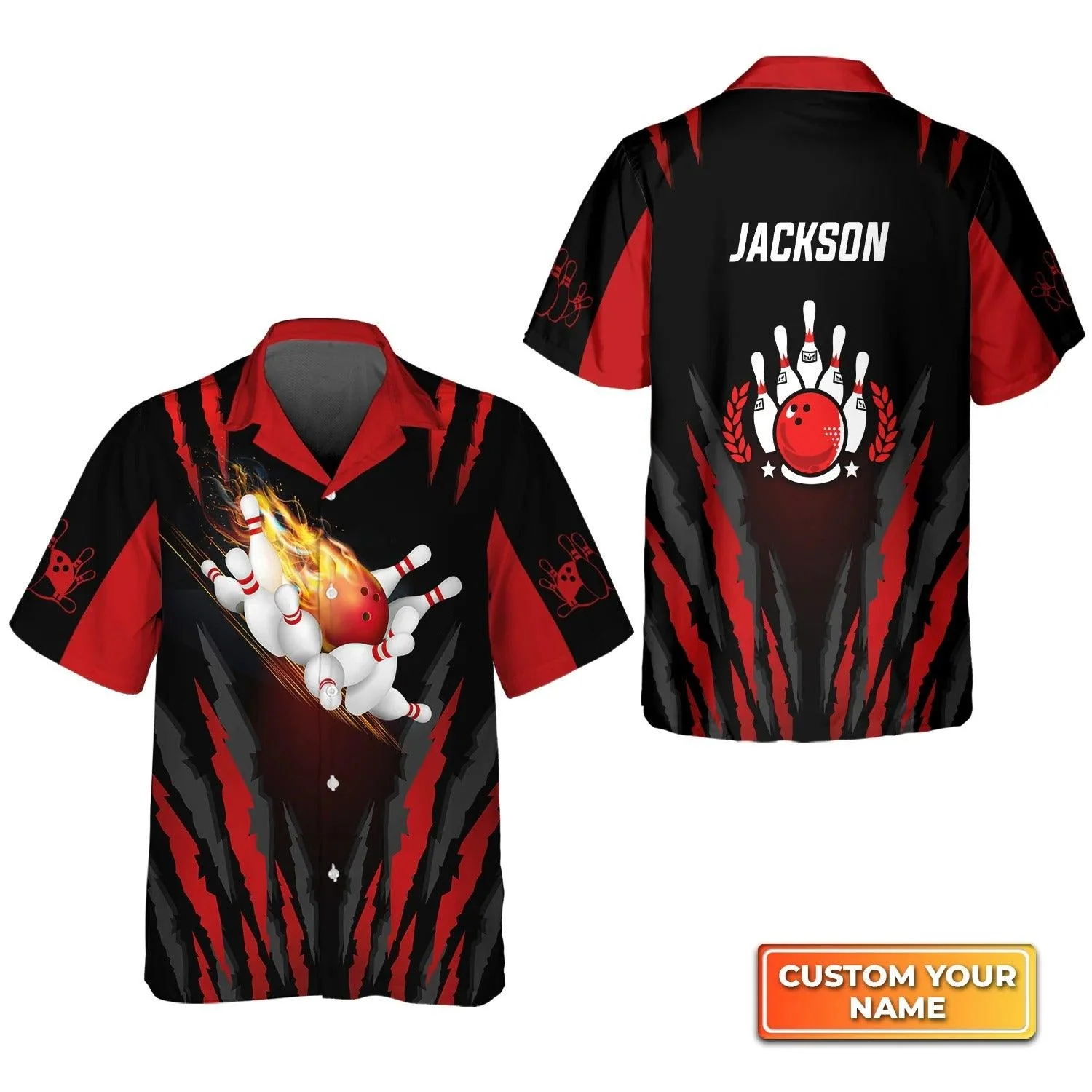 Bowling Hawaiian Shirt Custom Name - The Red Bowling Ball in Flames Breaks White Skittles Personalized Aloha Hawaiian Shirt - Gift For Friend, Family, Bowling Lovers - Image 3