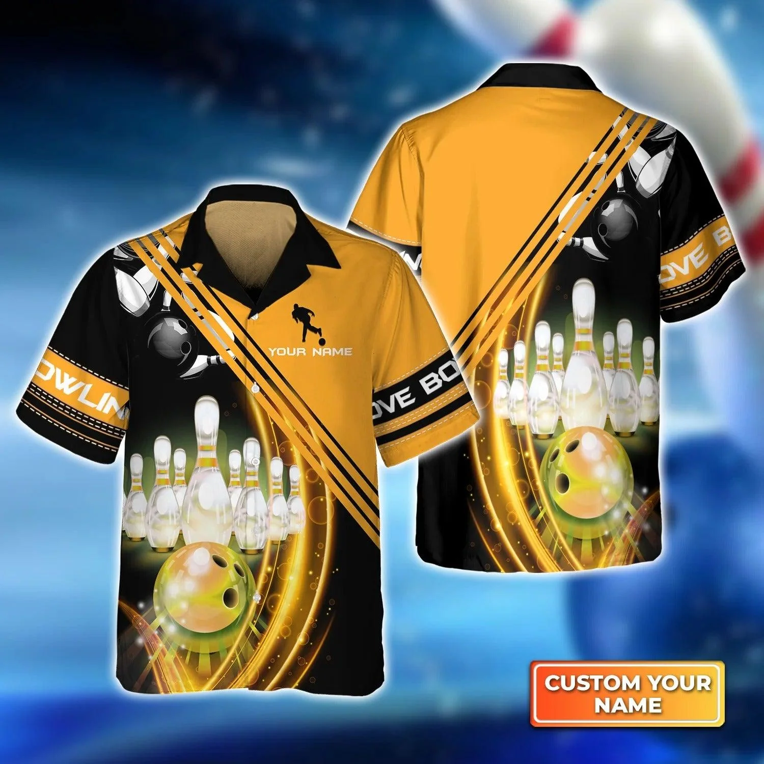 Bowling Hawaiian Shirt Custom Name - Yellow Bowling Ball In Motion And The Pins Personalized Aloha Hawaiian Shirt - Gift For Friend, Family, Bowling Lovers