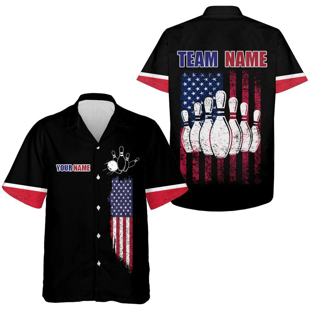 Bowling Hawaiian Shirt Custom Team Name And Name, American Flag Bowling Personalized Shirt For Men Women, Bowling Lovers, Bowlers