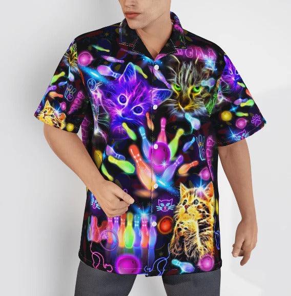 Bowling Hawaiian Shirt, Neon Kitty Play Bowling In The Dark Aloha Hawaiian Shirts For Men and Women - Gift For Bowling Lovers, Friend, Family - Image 3