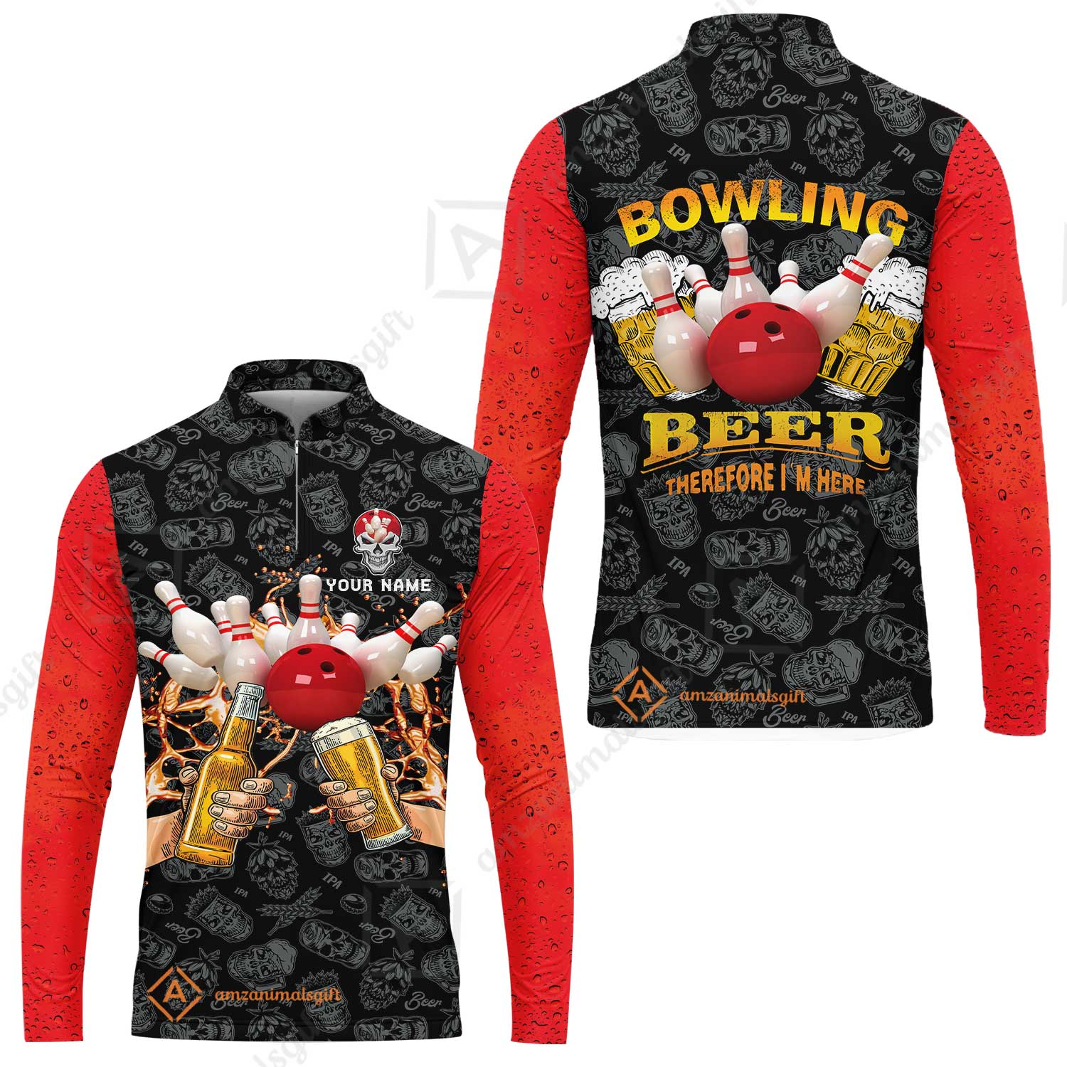 Bowling Long Polo Shirt Custom Name, Bowling and Beer Black Red Therefore I'm Here Personalized Long Polo Shirt - Image 10