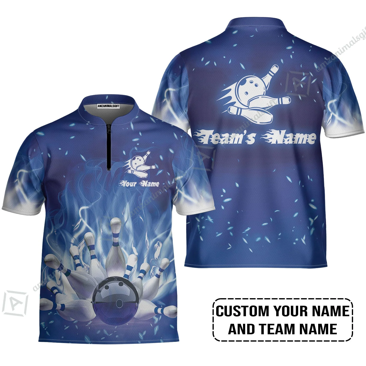 Bowling Long Polo Shirt Custom Name - Bowling On Blue Fire Personalized Bowling Long Polo Shirt - Image 4