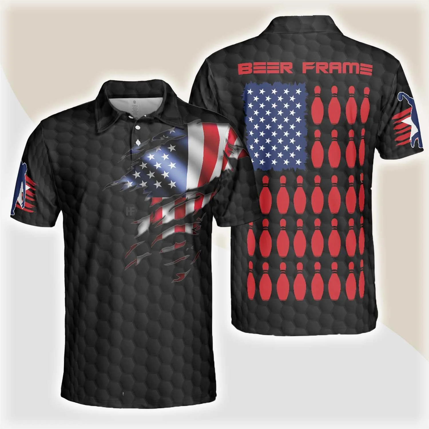 Bowling Men Polo Shirt - Beer Frame With American Flag Bowling Polo Shirt For Men - Perfect Gift For Friend, Family, Bowling Lovers