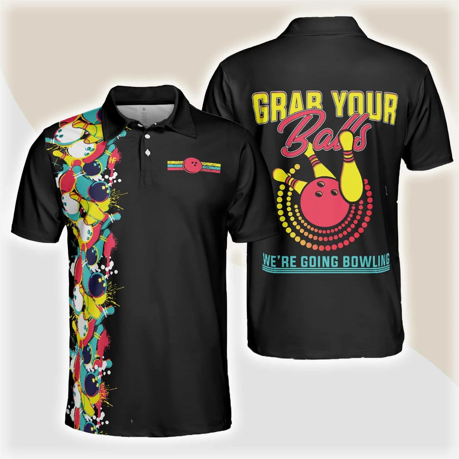 Bowling Men Polo Shirt - Black Bowling Pattern, Grab Your Balls Bowling Polo Shirt For Men - Perfect Gift For Friend, Family, Bowling Lovers