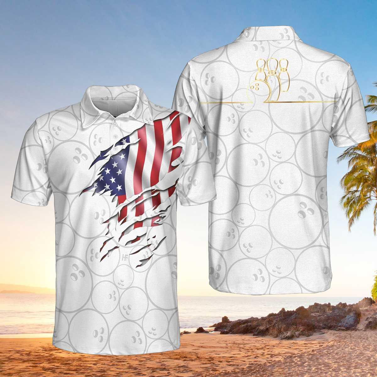 Bowling Men Polo Shirt - Bowling American Flag White Background Polo Shirt, American Flag Bowling Polo Shirt - Gift For Friend, Family, Bowling Lovers