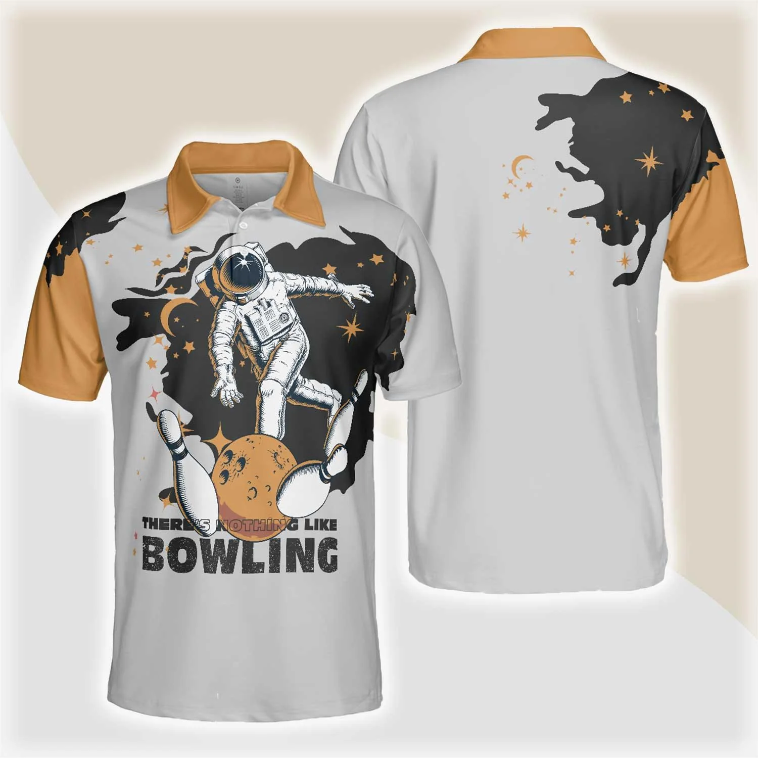 Bowling Men Polo Shirt - Bowling Astronaut in Space , White and Gold Bowling Polo Shirt - Gift For Friend, Family, Bowling Lovers