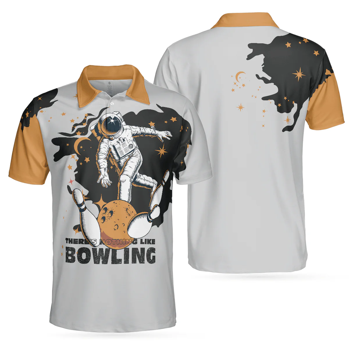 Bowling Men Polo Shirt - Bowling Astronaut in Space , White and Gold Bowling Polo Shirt - Gift For Friend, Family, Bowling Lovers - Image 2
