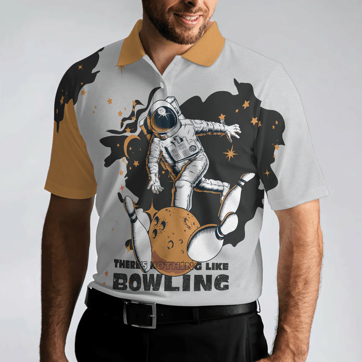Bowling Men Polo Shirt - Bowling Astronaut in Space , White and Gold Bowling Polo Shirt - Gift For Friend, Family, Bowling Lovers - Image 5