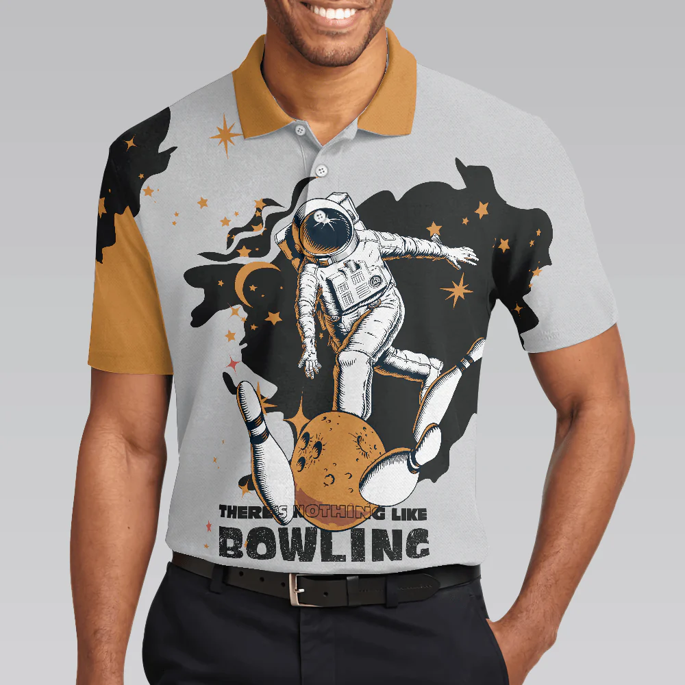 Bowling Men Polo Shirt - Bowling Astronaut in Space , White and Gold Bowling Polo Shirt - Gift For Friend, Family, Bowling Lovers - Image 6