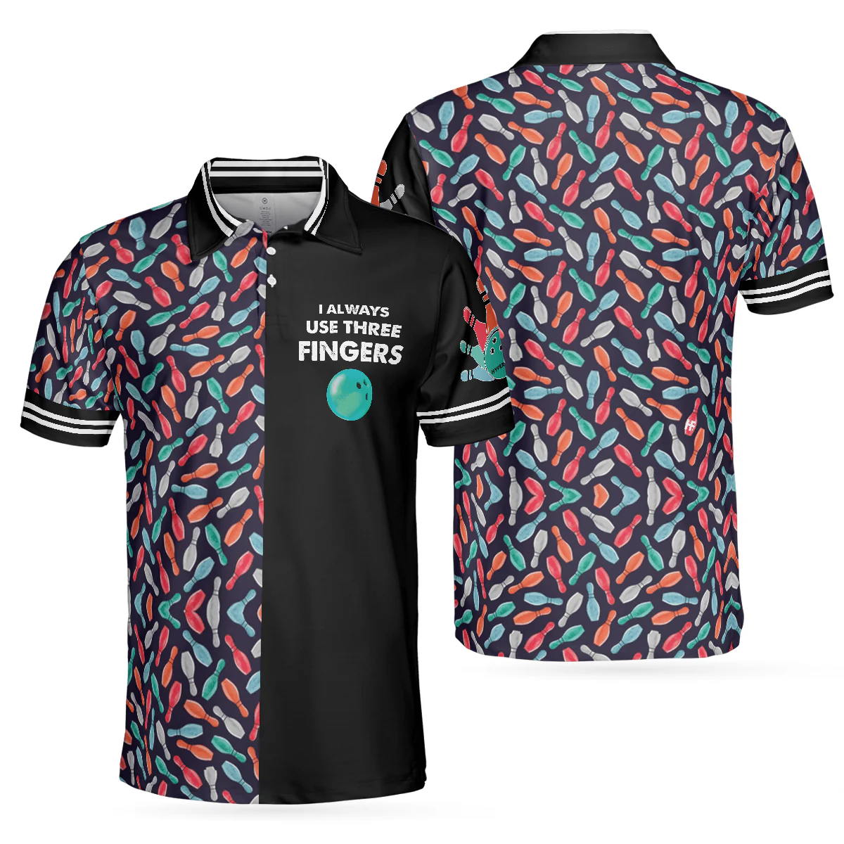 Bowling Men Polo Shirt - Bowling Ball Pattern, I Always Use Three Fingers Polo Shirt - Best Bowling Gift For Men - Perfect Gift For Friend, Family, Bowling Lovers - Image 2