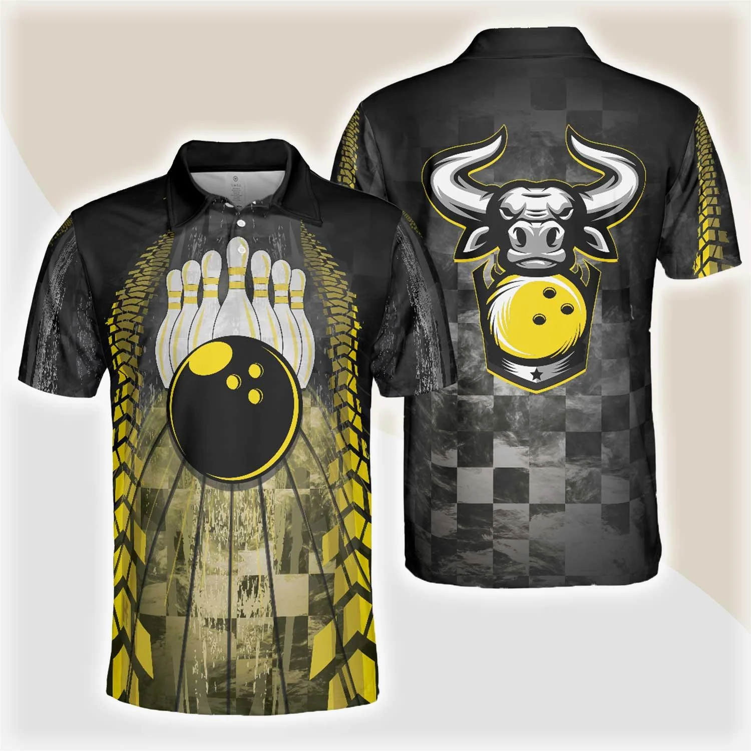 Bowling Men Polo Shirt - Bowling Bull Black And Yellow Bowling, Bull Polo Shirt Bowling Polo Shirt - Gift For Friend, Family, Bowling Lovers