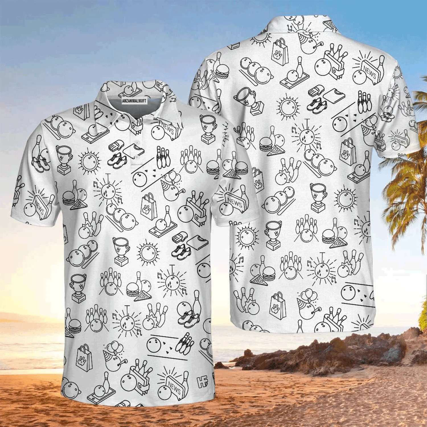 Bowling Men Polo Shirt, Bowling Icon Pattern Polo Shirt For Men, Perfect Gift For Bowling Lovers - Image 2