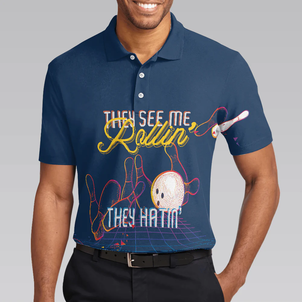 Bowling Men Polo Shirt - Bowling They see me Rollin’ They Hatin’ , Light Art Bowling Polo Shirt - Gift For Friend, Family, Bowling Lovers - Image 6
