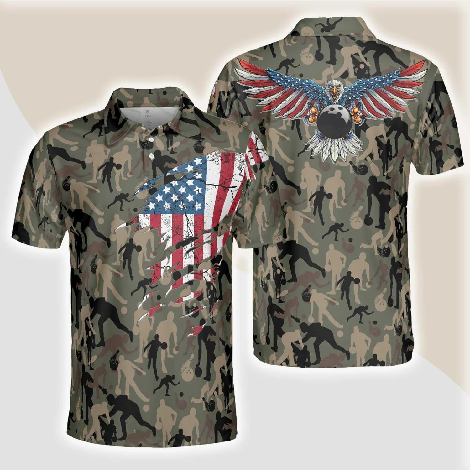 Bowling Men Polo Shirt - Camouflage American Eagle Flag Bowling Polo Shirt - Perfect Gift For Friend, Family, Bowling Lovers