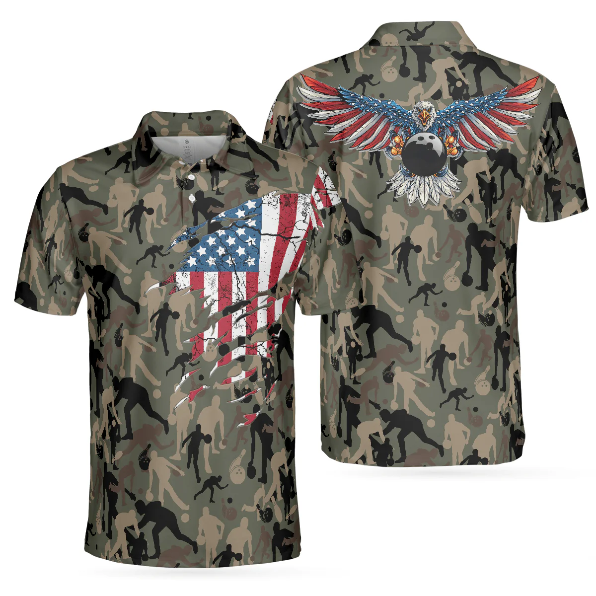 Bowling Men Polo Shirt - Camouflage American Eagle Flag Bowling Polo Shirt - Perfect Gift For Friend, Family, Bowling Lovers - Image 2