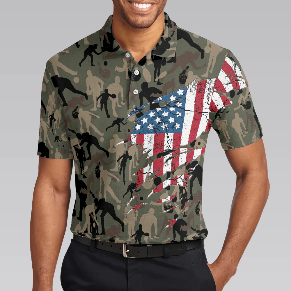 Bowling Men Polo Shirt - Camouflage American Eagle Flag Bowling Polo Shirt - Perfect Gift For Friend, Family, Bowling Lovers - Image 5