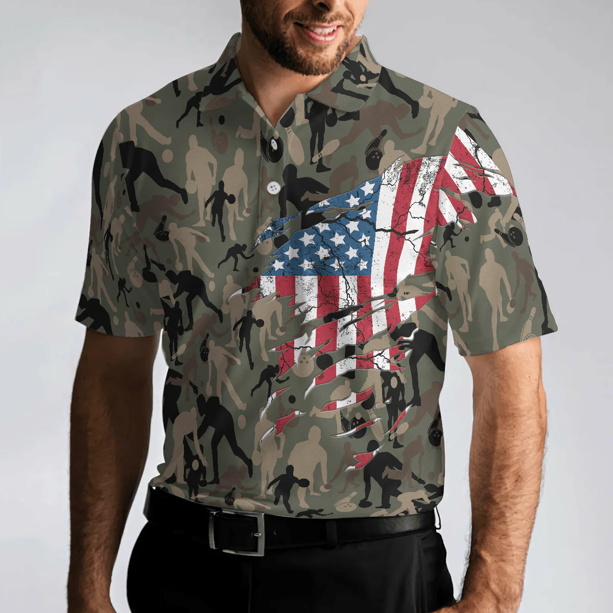 Bowling Men Polo Shirt - Camouflage American Eagle Flag Bowling Polo Shirt - Perfect Gift For Friend, Family, Bowling Lovers - Image 6