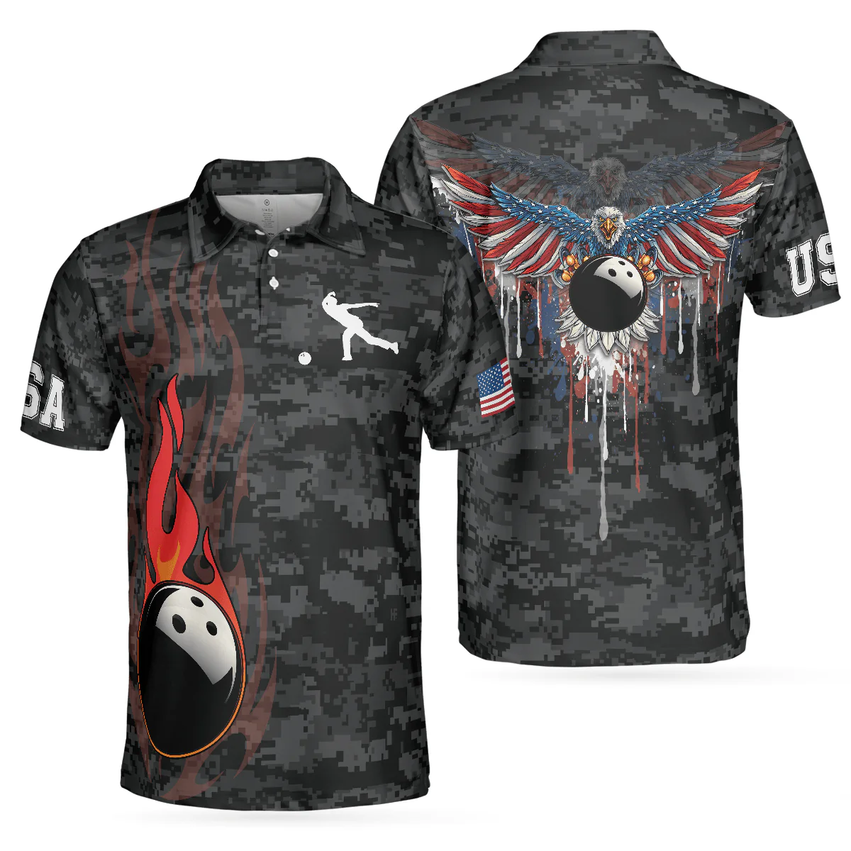 Bowling Men Polo Shirt - Camouflage USA Flag, America Eagle Patriotic Bowling Polo Shirt For Men - Perfect Gift For Friend, Family, Bowling Lovers - Image 2