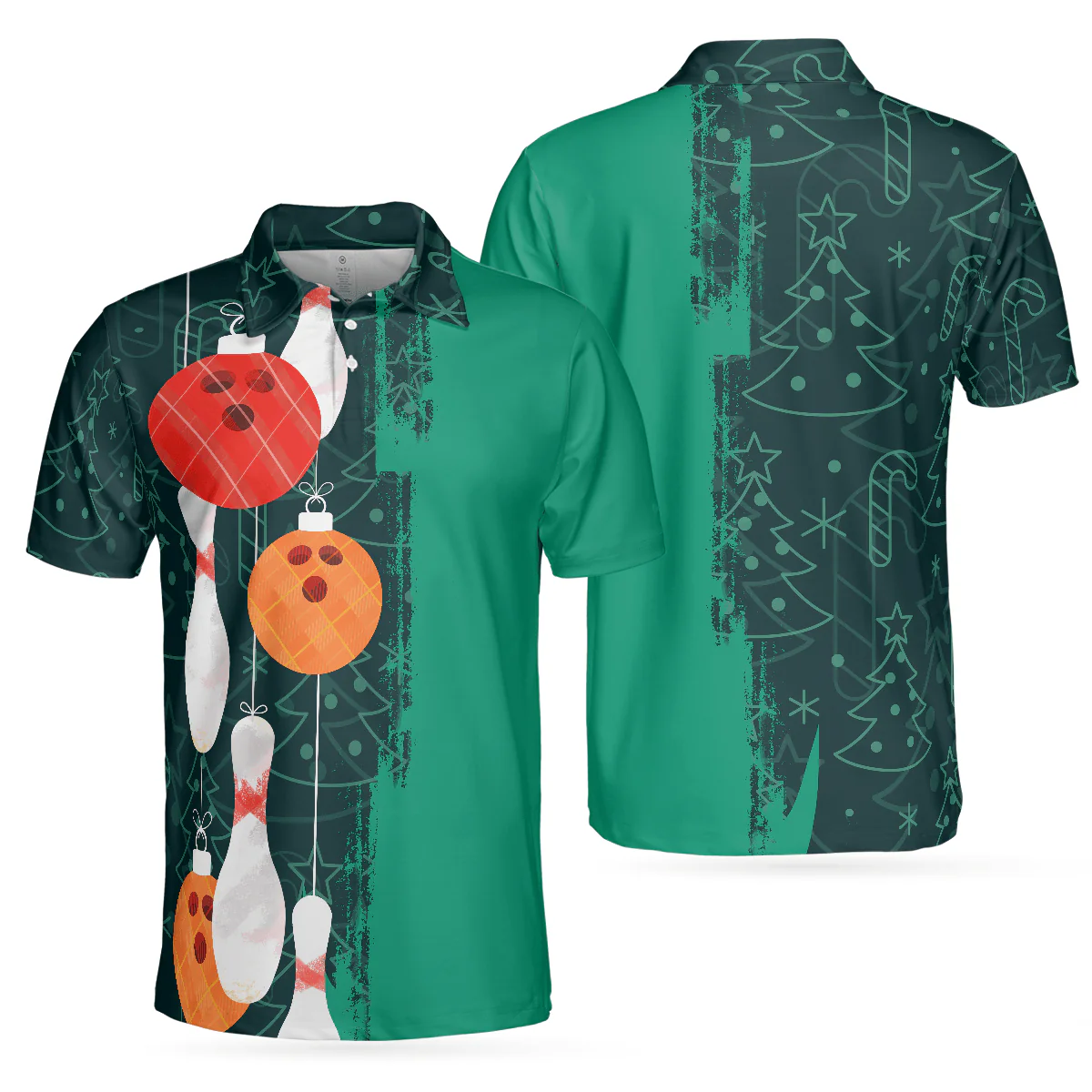 Bowling Men Polo Shirt - Christmas Bowling Decoration Light, Christmas Pattern Bowling Polo Shirt - Gift For Friend, Family, Bowling Lovers - Image 2
