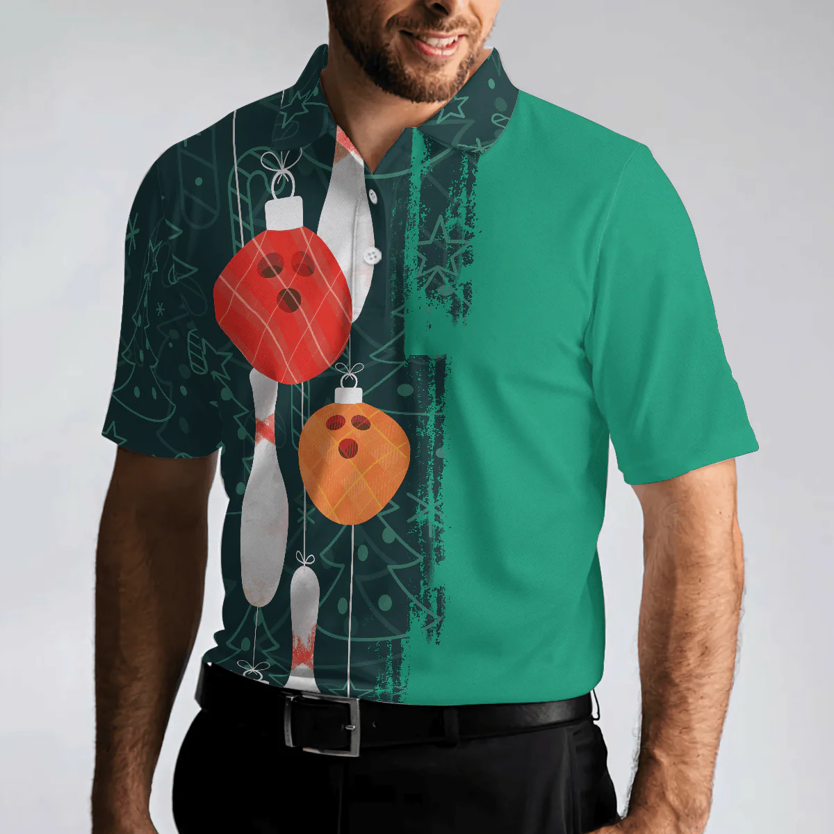Bowling Men Polo Shirt - Christmas Bowling Decoration Light, Christmas Pattern Bowling Polo Shirt - Gift For Friend, Family, Bowling Lovers - Image 5