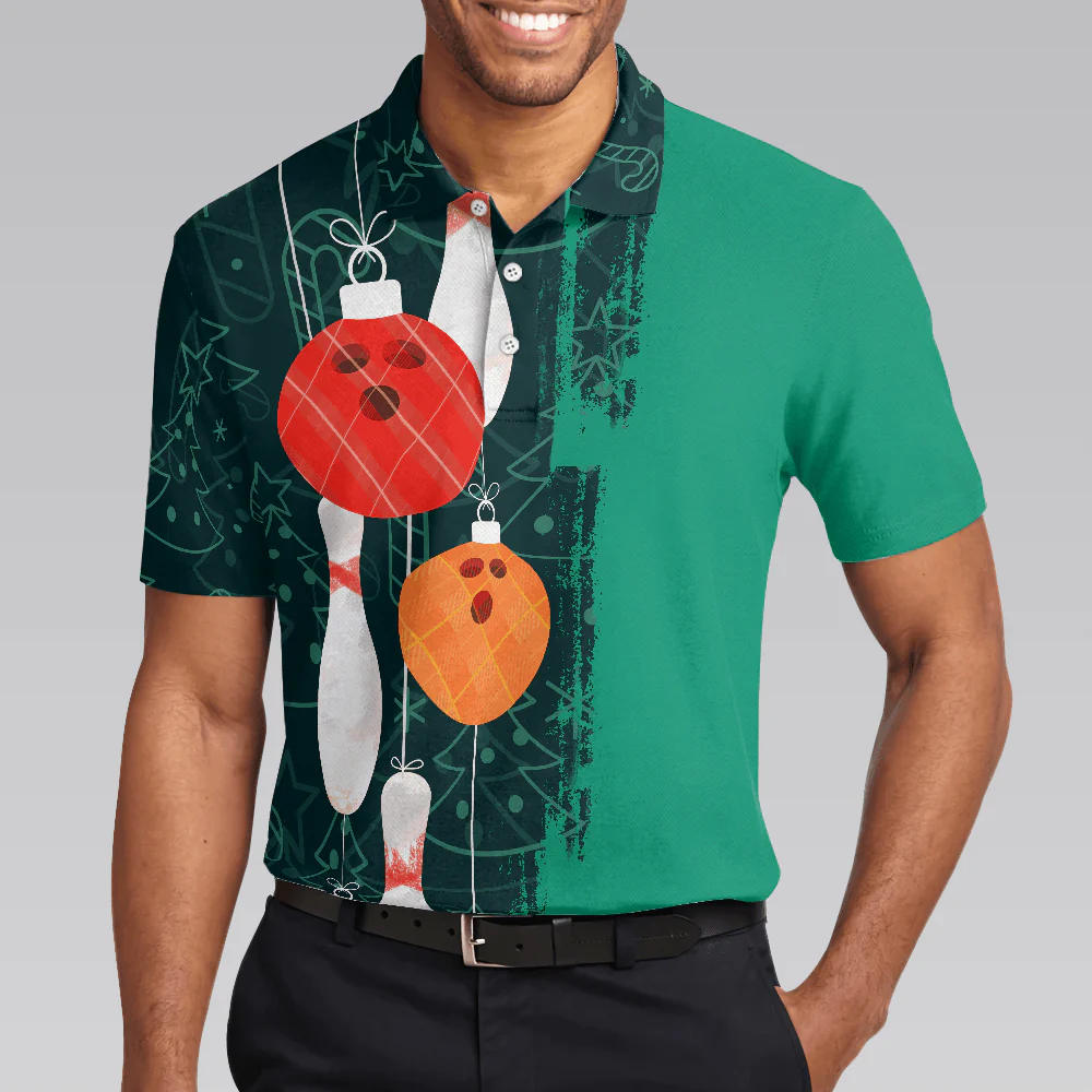 Bowling Men Polo Shirt - Christmas Bowling Decoration Light, Christmas Pattern Bowling Polo Shirt - Gift For Friend, Family, Bowling Lovers - Image 6