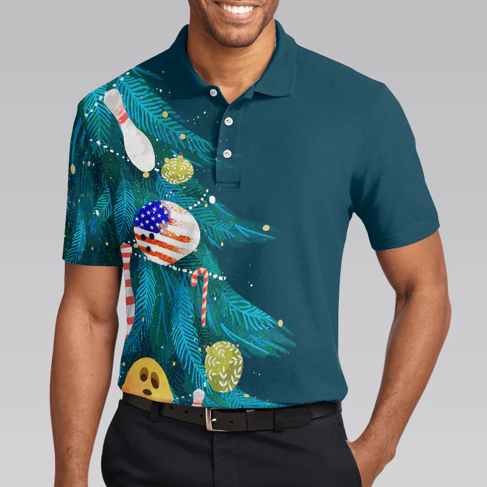 Bowling Men Polo Shirt - Christmas Tree Decorations with Bowling, American Flag Bowling Polo Shirt - Gift For Friend, Family, Bowling Lovers - Image 6