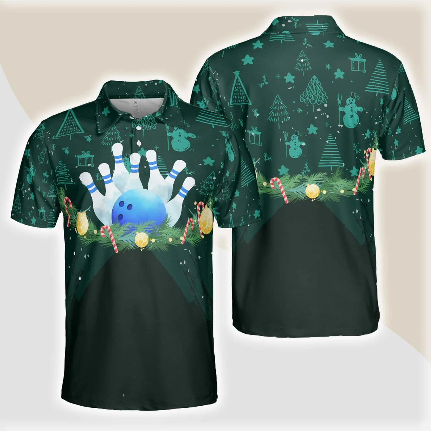 Bowling Men Polo Shirt - Christmas Wreath With Bowling Balls, Christmas Pattern Bowling Polo Shirt - Gift For Friend, Family, Bowling Lovers