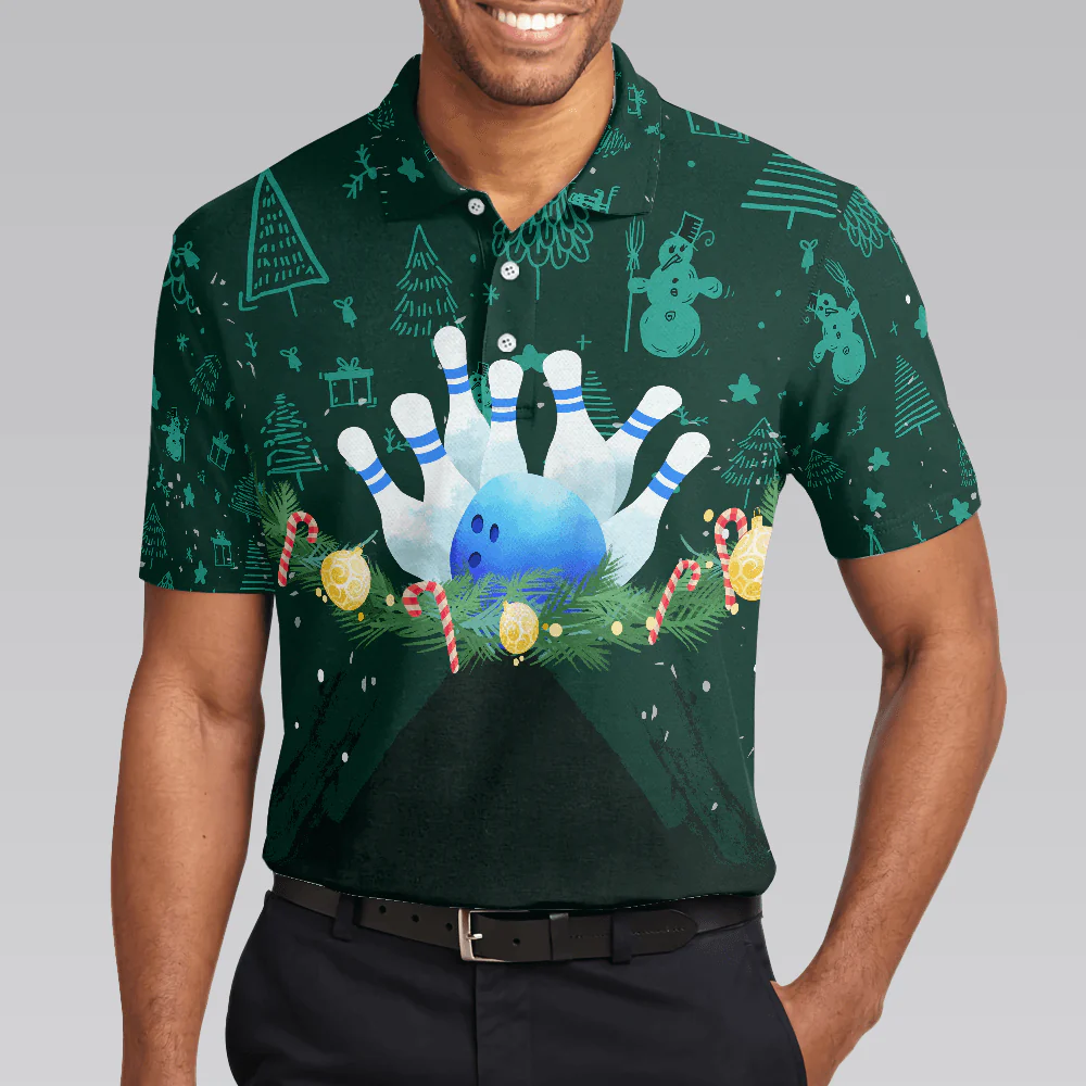 Bowling Men Polo Shirt - Christmas Wreath With Bowling Balls, Christmas Pattern Bowling Polo Shirt - Gift For Friend, Family, Bowling Lovers - Image 6