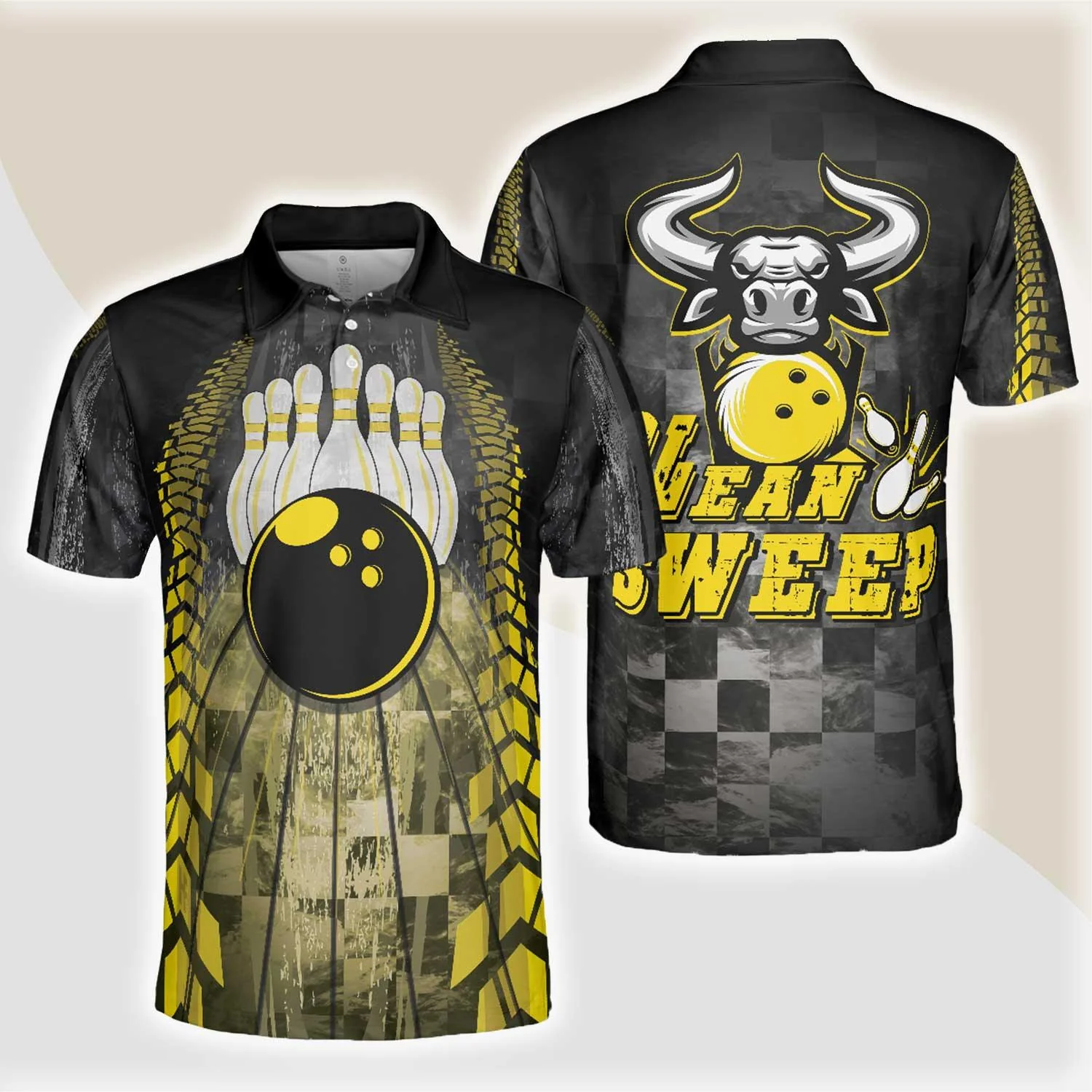 Bowling Men Polo Shirt - Clean Sweep Bowling Bull, Checker Pattern Bowling Polo Shirt - Gift For Friend, Family, Bowling Lovers