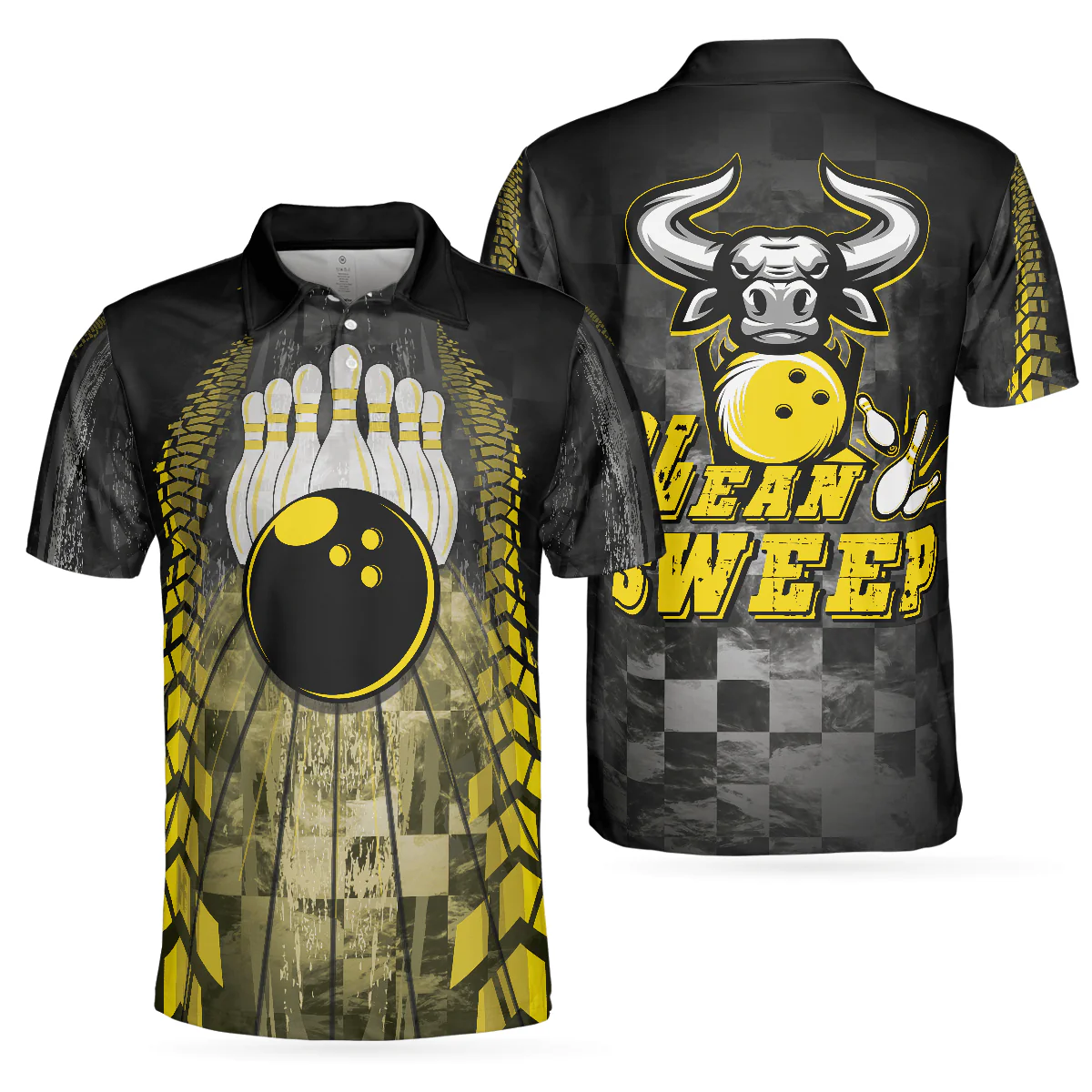 Bowling Men Polo Shirt - Clean Sweep Bowling Bull, Checker Pattern Bowling Polo Shirt - Gift For Friend, Family, Bowling Lovers - Image 2
