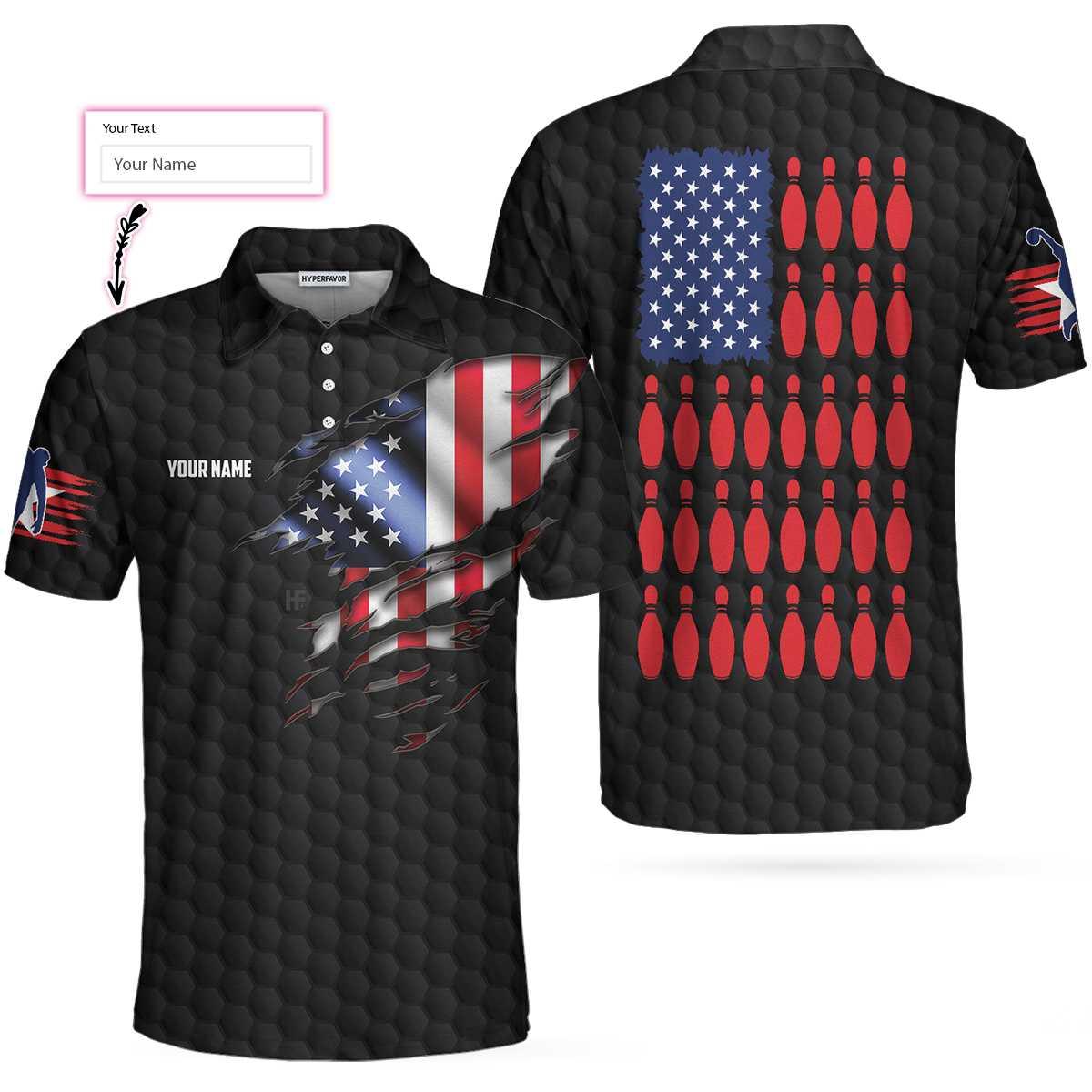 Bowling Men Polo Shirt Custom Name - Black American Flag Personalized Bowling Polo Shirt - Perfect Gift For Friend, Family, Bowling Lovers