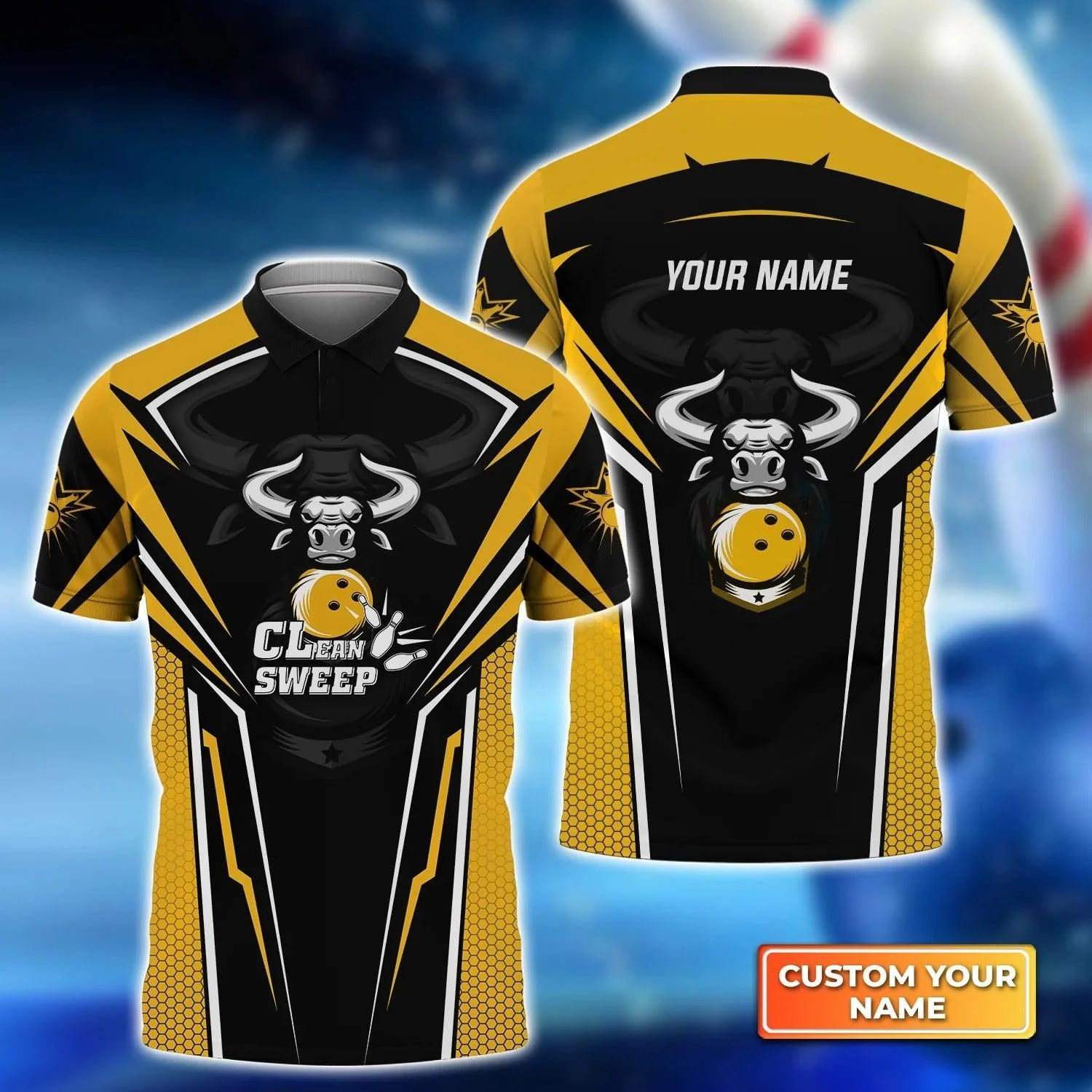 Bowling Men Polo Shirt Custom Name - Bowling Bull Clean Sweep Yellow Black Personalized Name Polo Shirt For Men, Bowler, Friend, Family