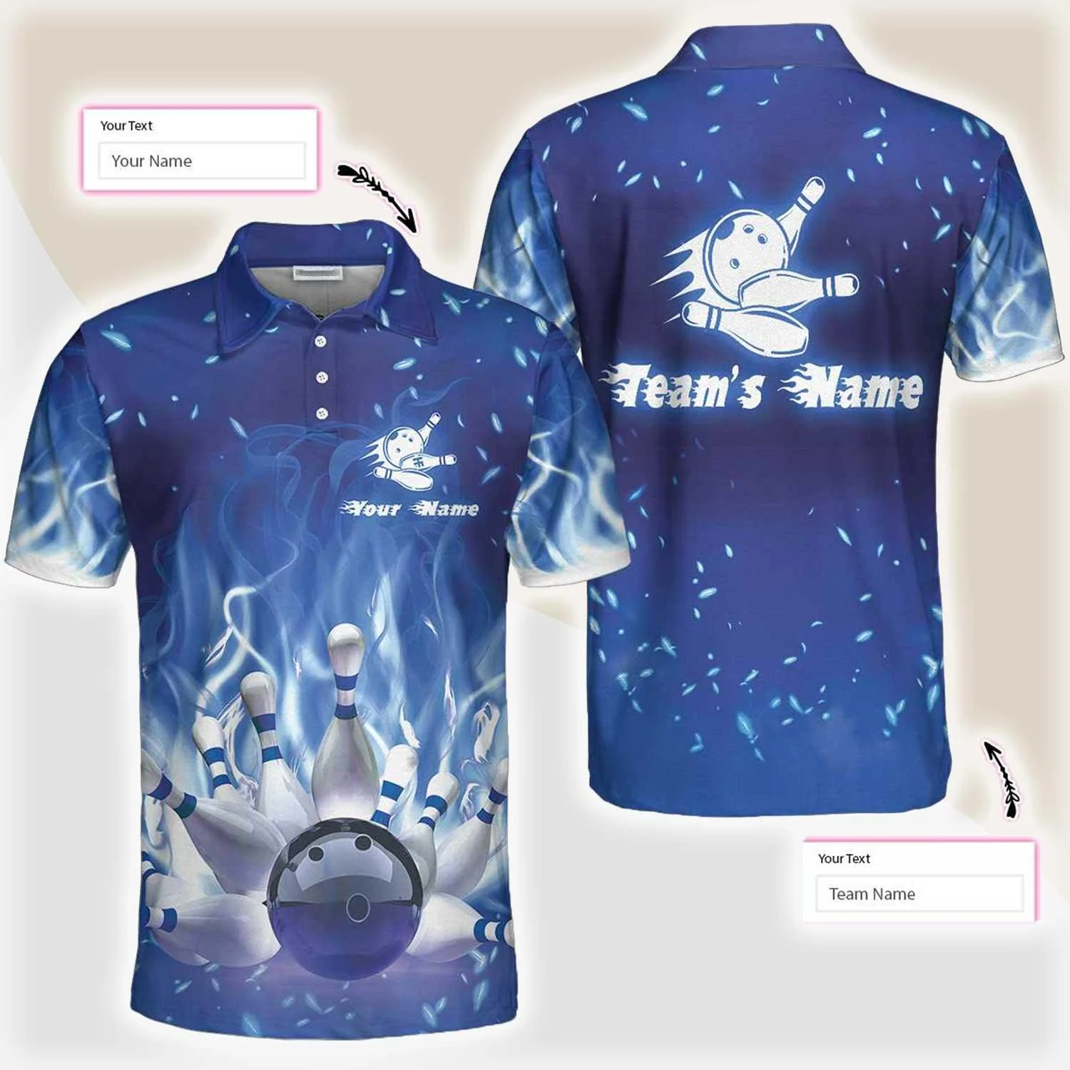 Bowling Men Polo Shirt Custom Name - Bowling On Blue Fire Personalized Bowling Polo Shirt - Gift For Friend, Family, Bowling Lovers - Image 2