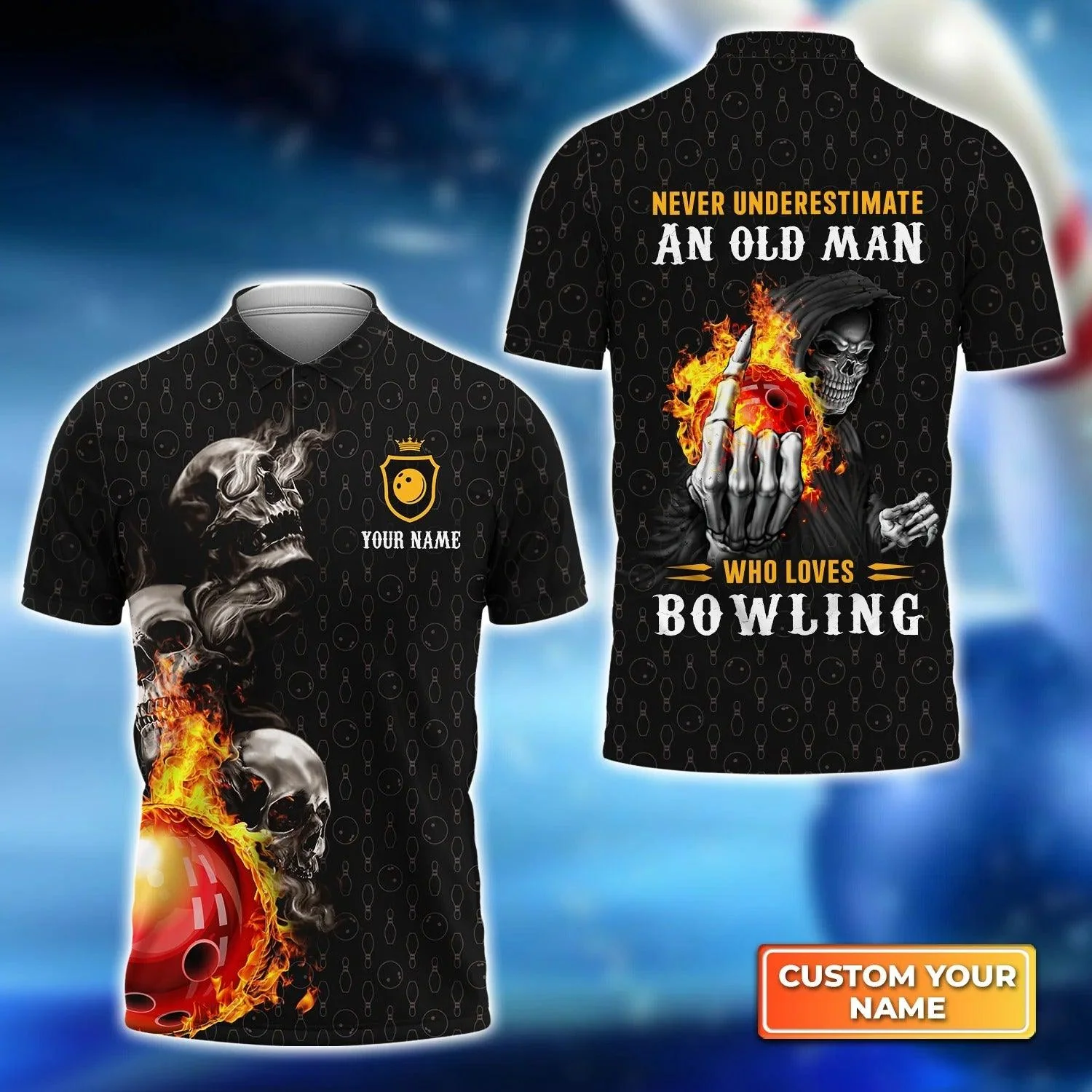 Bowling Men Polo Shirt Custom Name - Bowling Skull Never Underestimate An Old Man Who Loves Bowling Personalized Name Men Polo Shirt For Bowler,Family
