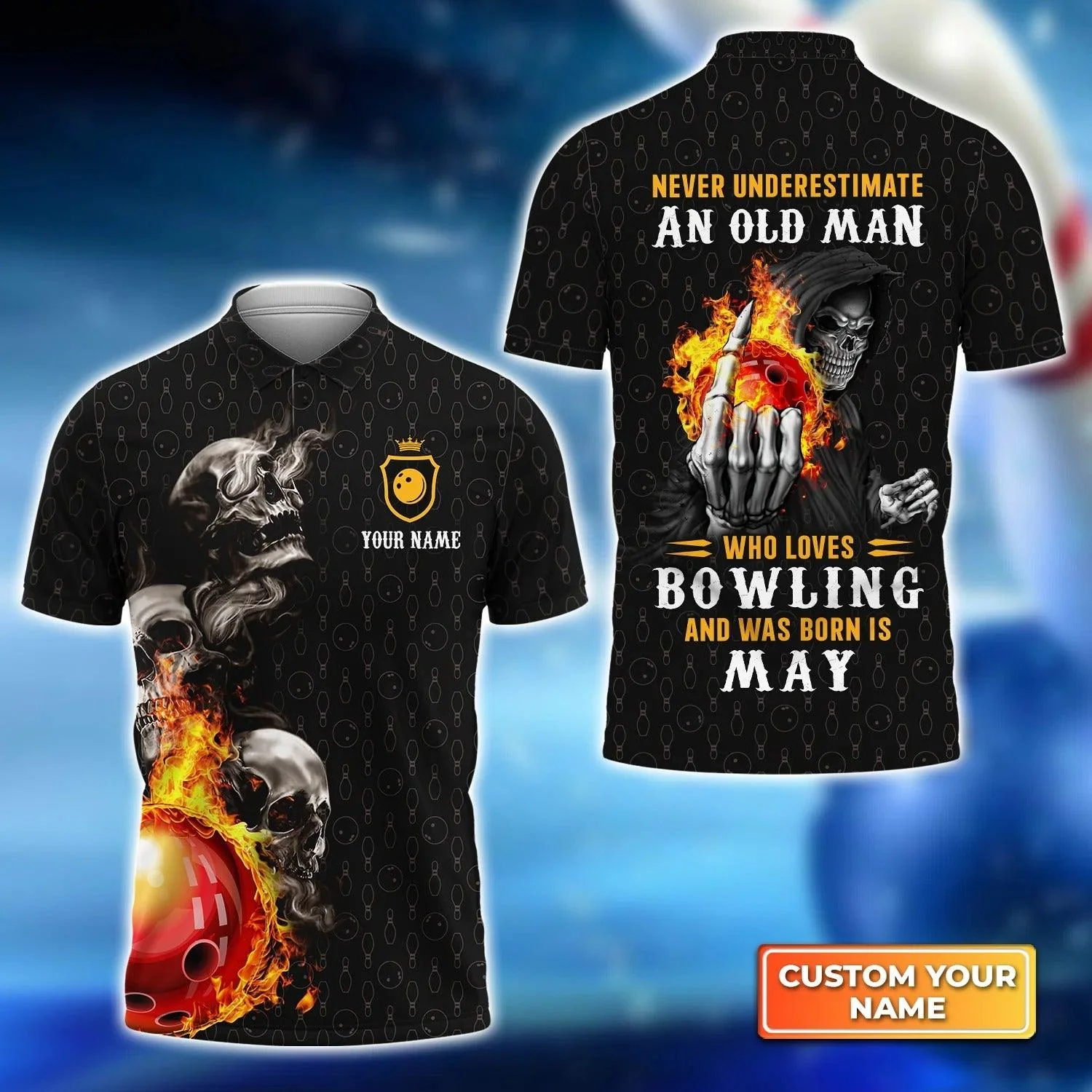 Bowling Men Polo Shirt Custom Name - Bowling Skull Who Loves Bowling And Was Born In May Personalized Polo Shirt For Men - Gift For Bowling Lovers, Friend, Family