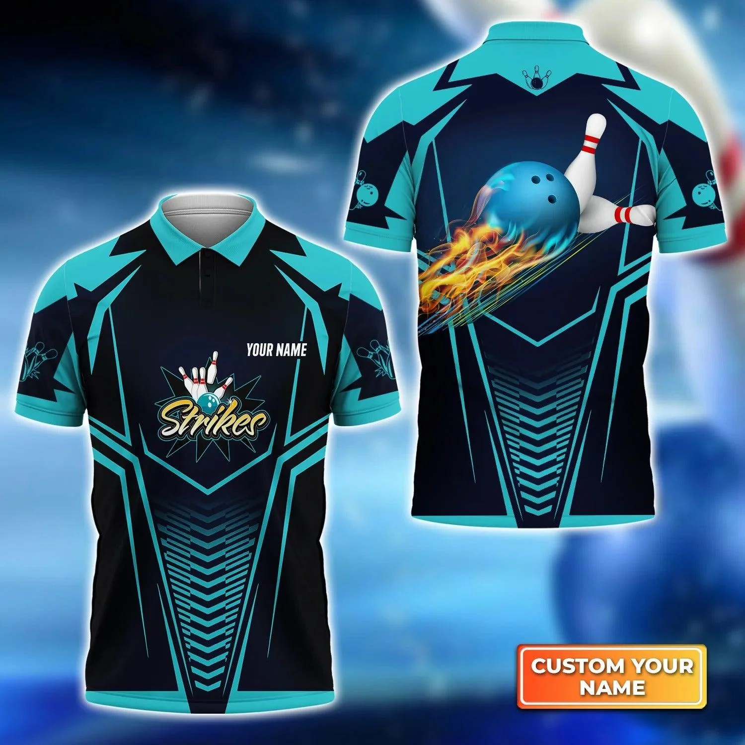Bowling Men Polo Shirt Custom Name - Bowling Strikes Blue Bowling Ball Crashing The Pins Personalized Name Polo Shirt For Men, Bowler, Friend, Family