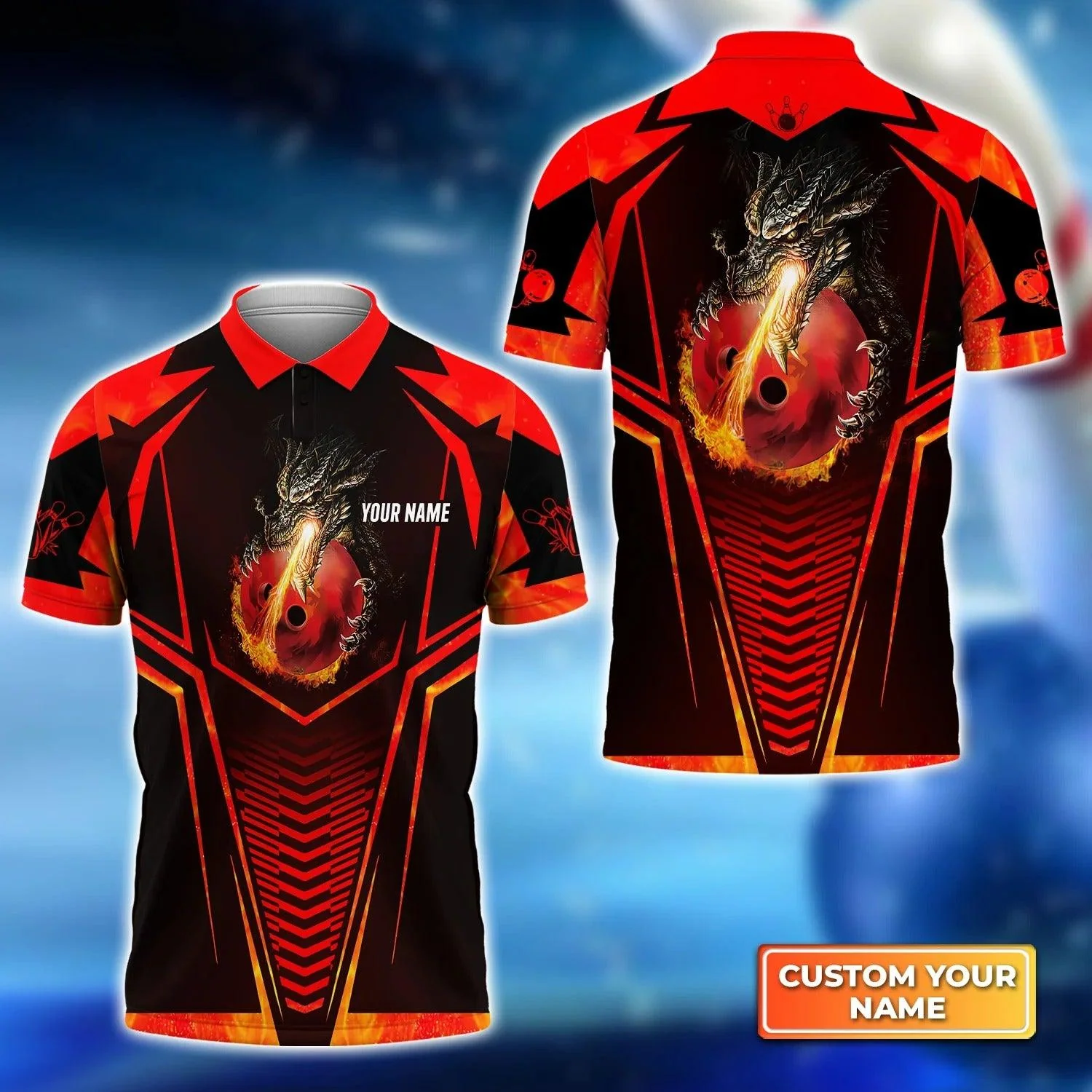Bowling Men Polo Shirt Custom Name, Dragon Fire Flame Personalized Name Polo Shirt For Men, Bowler, Friend, Family