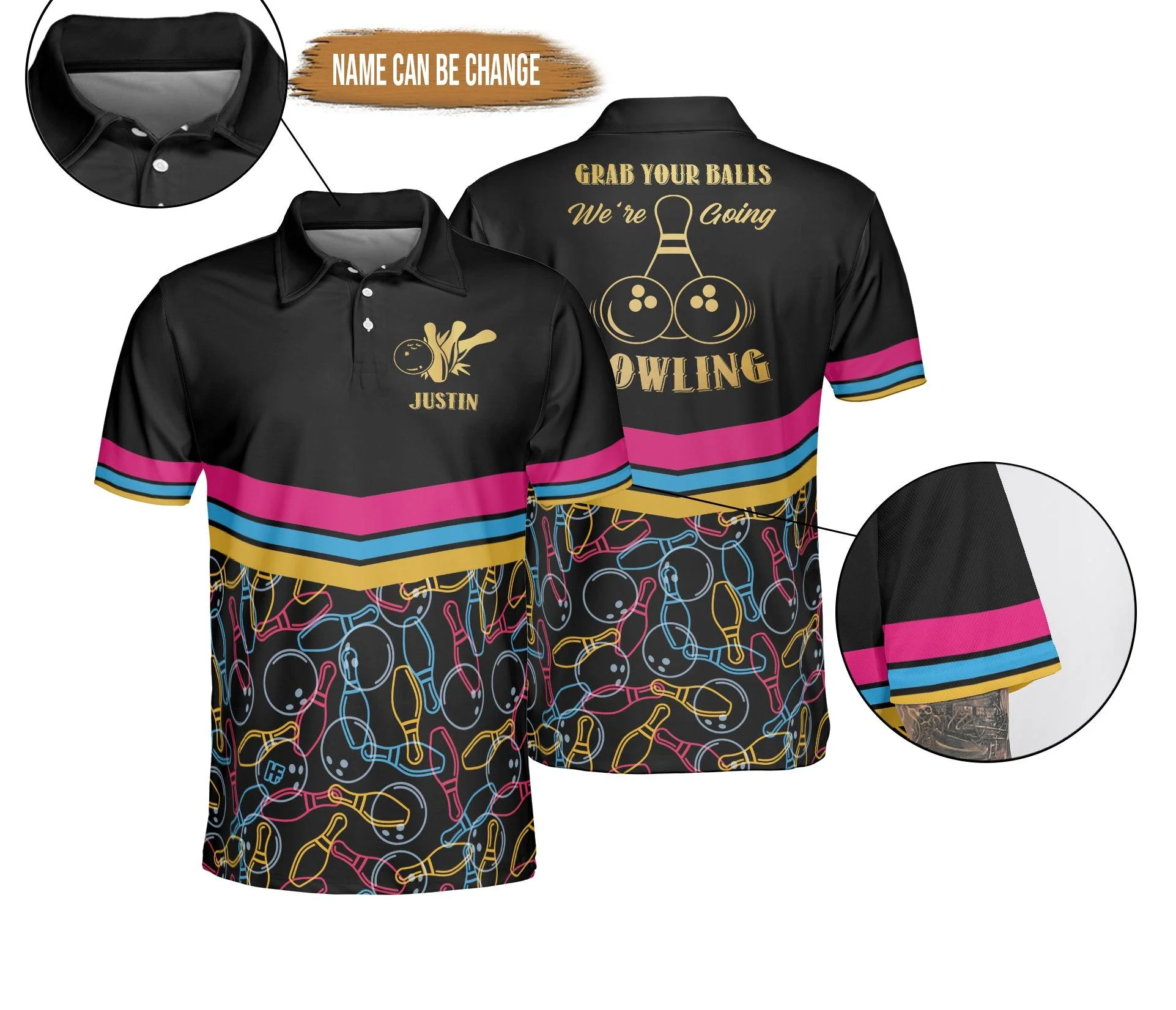 Bowling Men Polo Shirt Custom Name - Grab Your Balls We're Going Bowling Personalized Bowling Polo Shirt - Gift For Friend, Family, Bowling Lovers