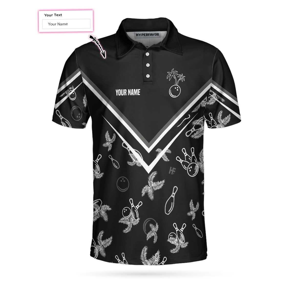Bowling Men Polo Shirt Custom Name - Monochrome Tropical Pattern, Black Bowling Personalized Bowling Polo Shirt - Gift For Friend, Family, Bowling Lovers