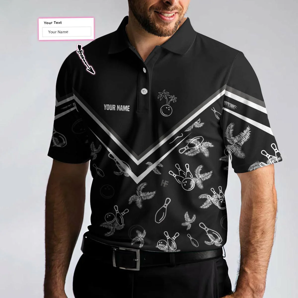 Bowling Men Polo Shirt Custom Name - Monochrome Tropical Pattern, Black Bowling Personalized Bowling Polo Shirt - Gift For Friend, Family, Bowling Lovers - Image 2