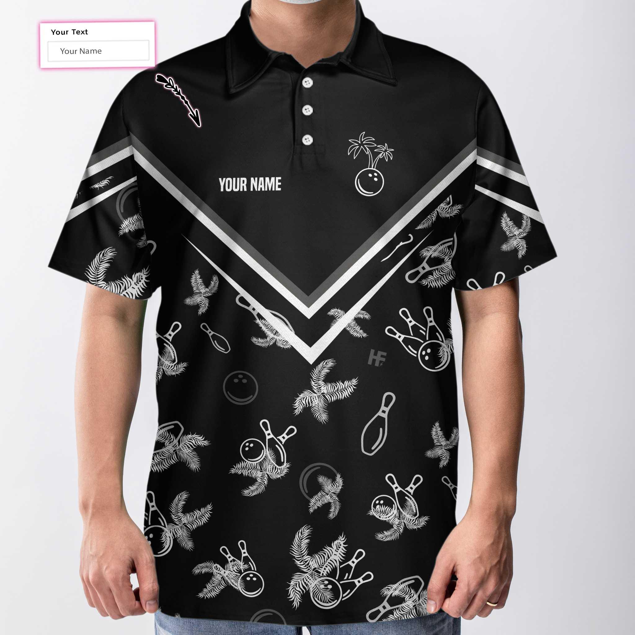 Bowling Men Polo Shirt Custom Name - Monochrome Tropical Pattern, Black Bowling Personalized Bowling Polo Shirt - Gift For Friend, Family, Bowling Lovers - Image 3
