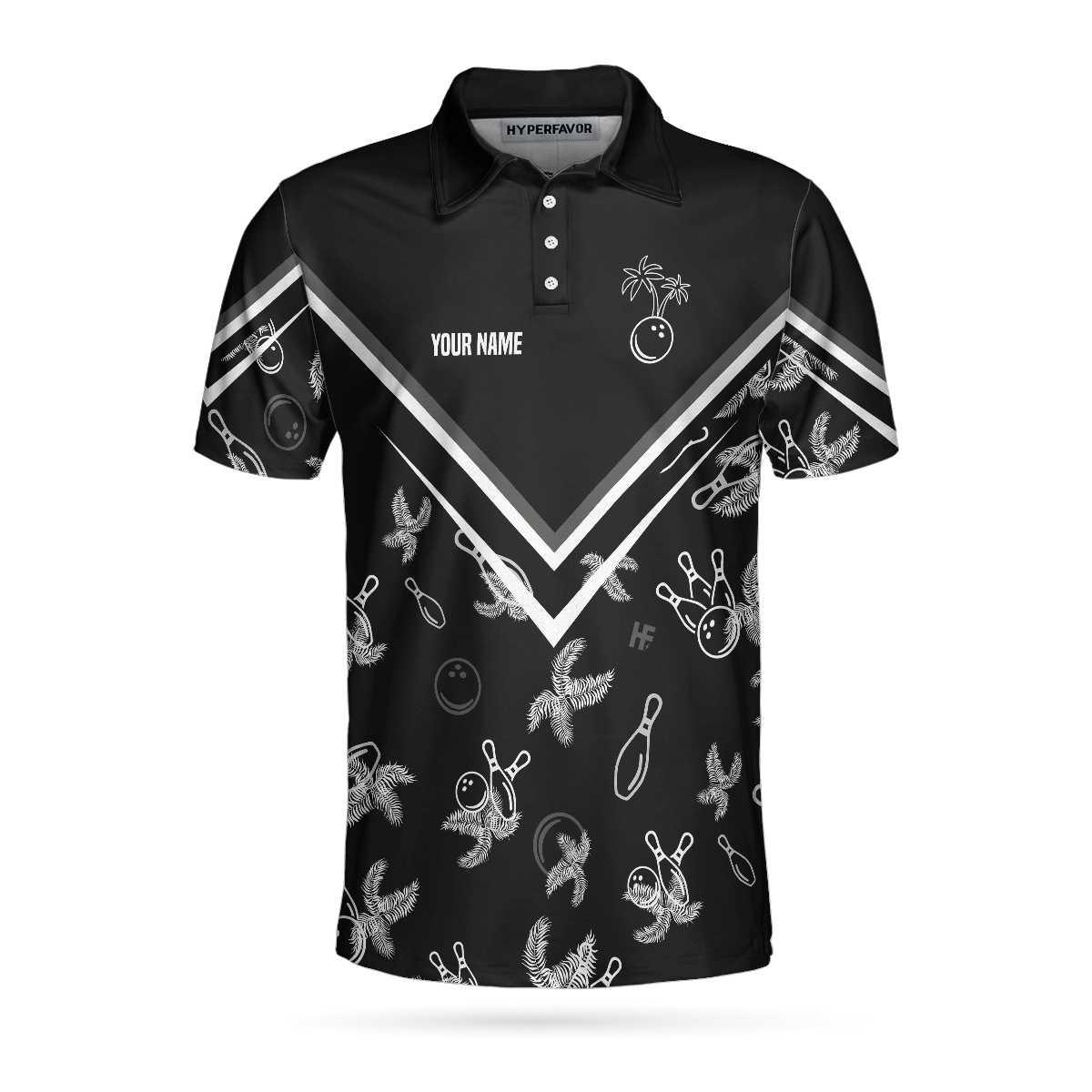 Bowling Men Polo Shirt Custom Name - Monochrome Tropical Pattern, Black Bowling Personalized Bowling Polo Shirt - Gift For Friend, Family, Bowling Lovers - Image 4
