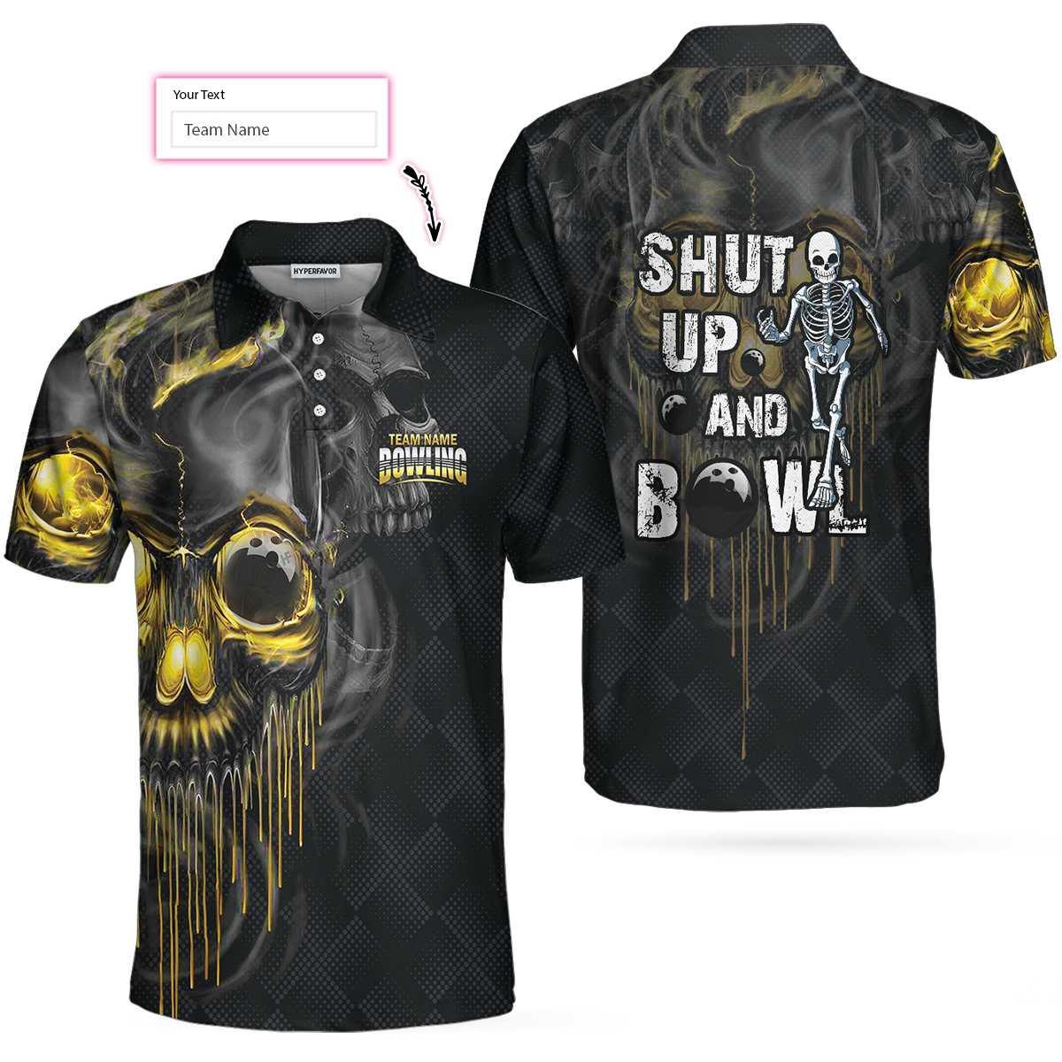Bowling Men Polo Shirt Custom Name - Shut Up And Bowl Golden Skull Personalized Bowling Polo Shirt - Gift For Friend, Family, Bowling Lovers