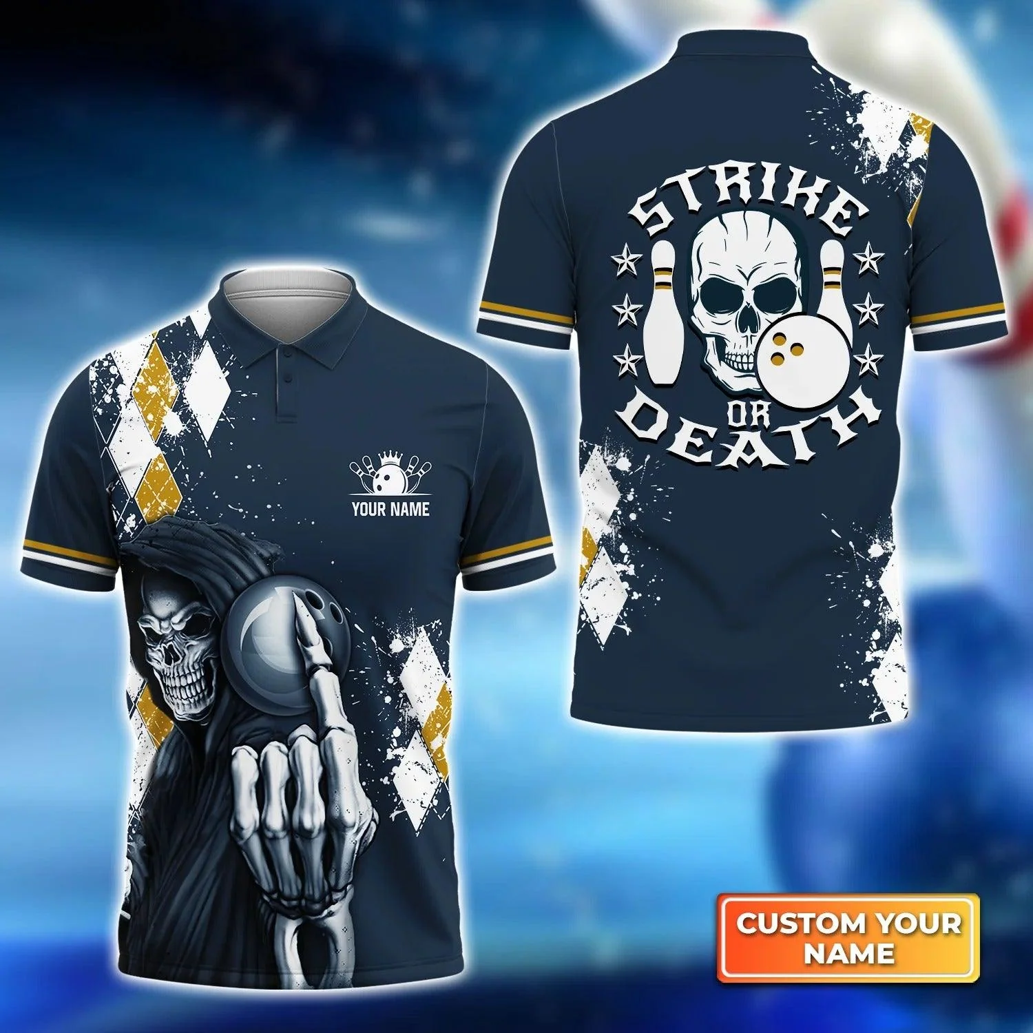 Bowling Men Polo Shirt Custom Name, Skull Polo Shirt, Blue Bowling Strike Or Death Personalized Name Men Polo Shirt For Bowler, Friend, Family
