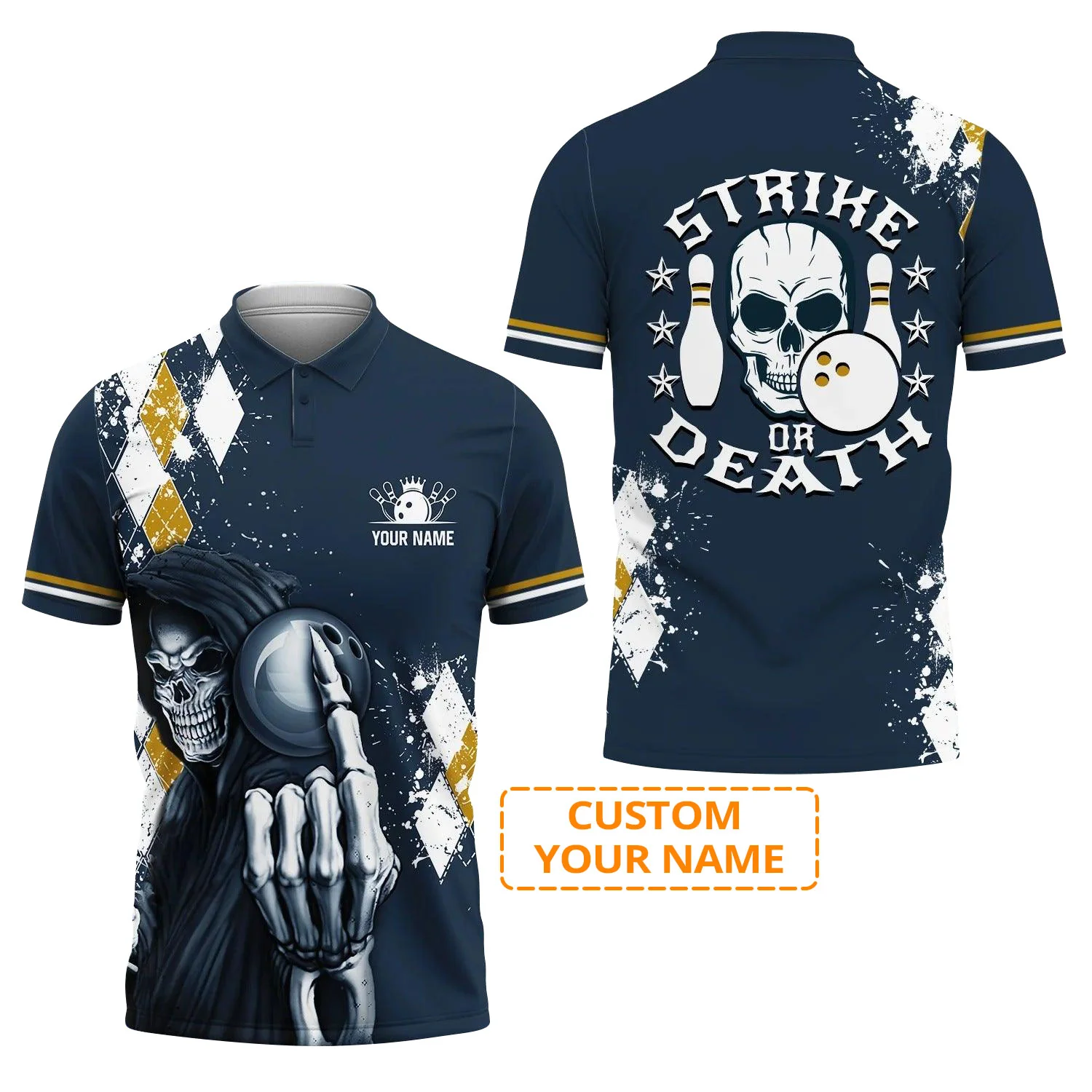 Bowling Men Polo Shirt Custom Name, Skull Polo Shirt, Blue Bowling Strike Or Death Personalized Name Men Polo Shirt For Bowler, Friend, Family - Image 2