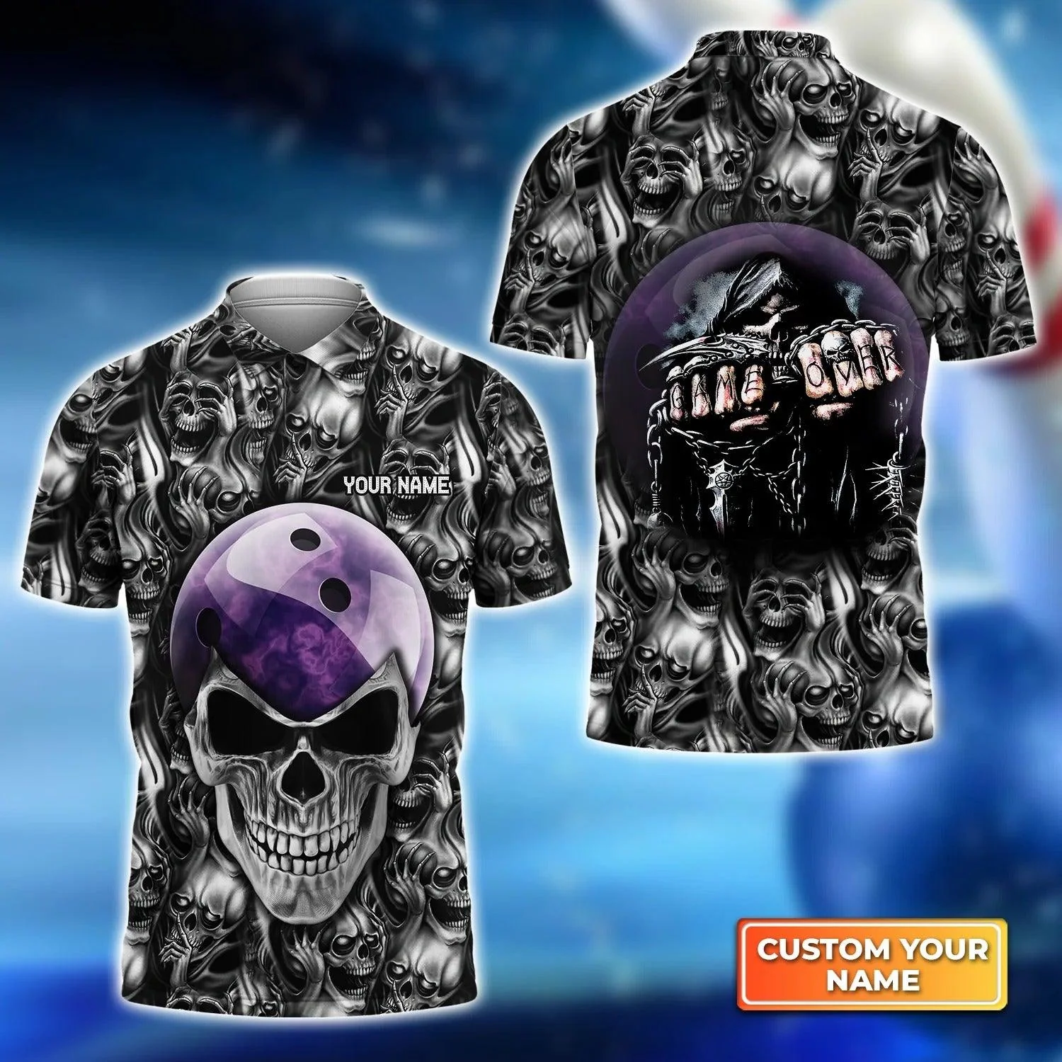 Bowling Men Polo Shirt Custom Name, Skull Polo Shirt, Purple Skull Bowling Ball Personalized Name Polo Shirt Shirt For Men, Bowler, Friend, Family