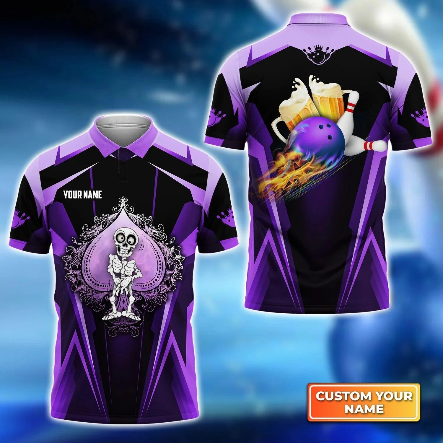 Bowling Men Polo Shirt Custom Name, Skull Polo Shirt, Purple Spade Bowling And Beer Personalized Name Polo Shirt Shirt For Men, Bowler, Friend,Family