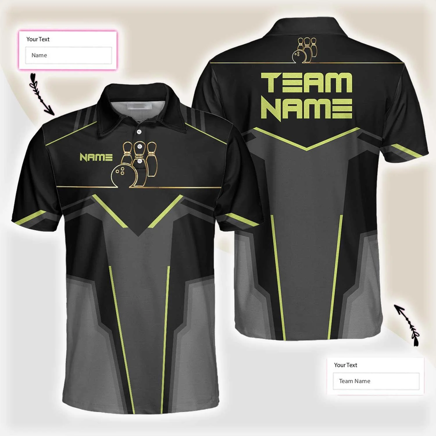 Bowling Men Polo Shirt Custom Name - Slow Roll Black And Golden Pattern Personalized Bowling Polo Shirt - Gift For Friend, Family, Bowling Lovers - Image 2